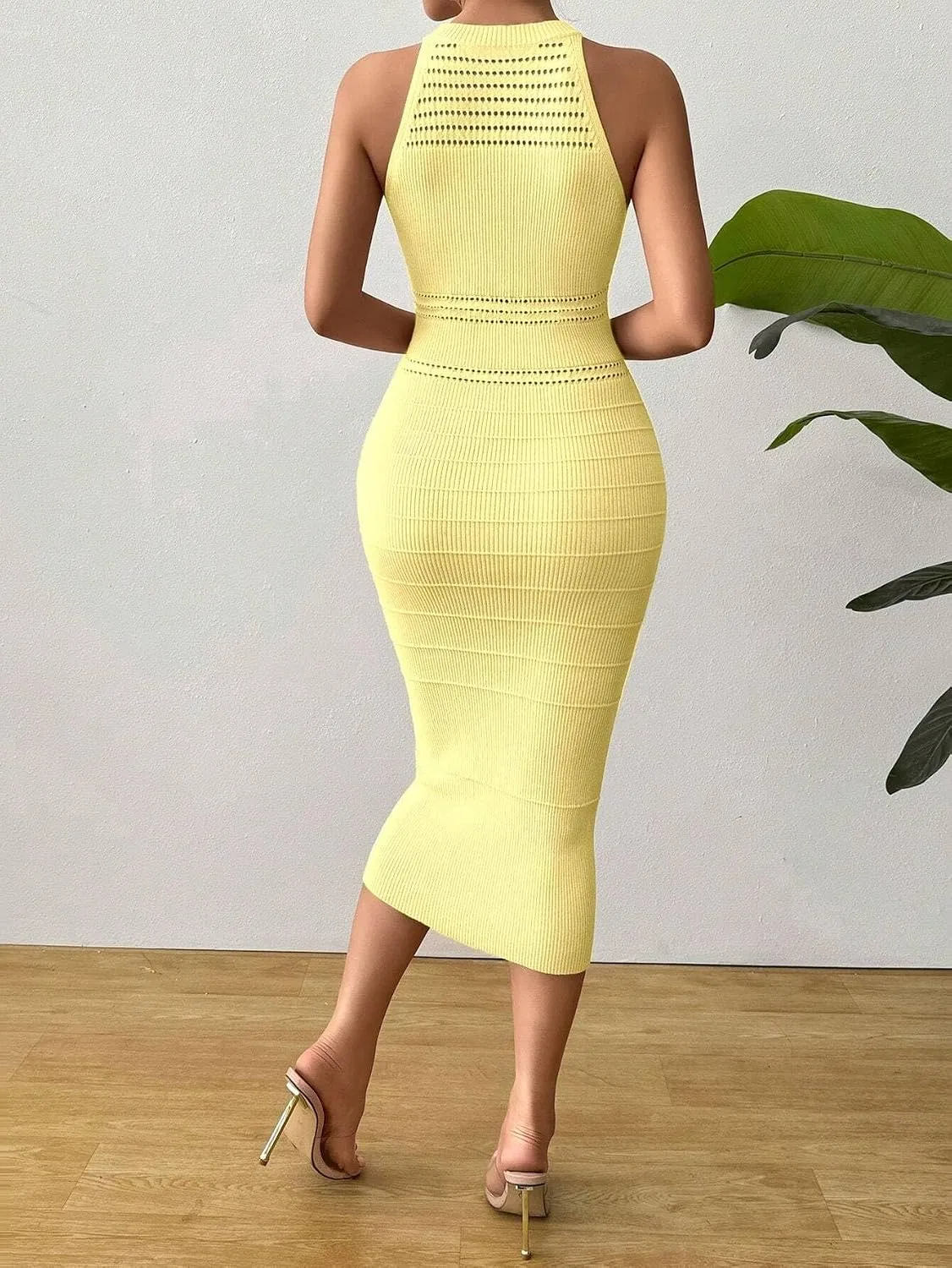 Женское платье миди с вырезом и вязкой Sleeveless Halter Cutout, Yellow — фото 4