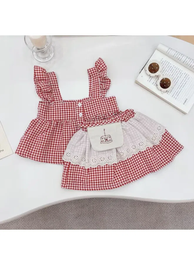 Комплект для девочки с принтом в клетку, модель Ruffle Strap Top & Lace Trim Skirt, Ayada Home, красный