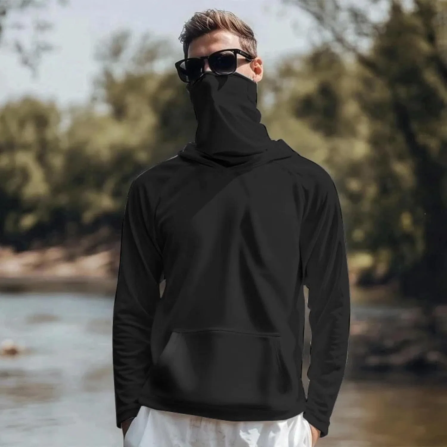 Мужская футболка с защитой от солнца UPF 50+ с маской, Black — фото 2