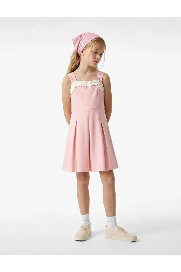 Детское платье для девочек с плиссе Square neck bow detail pleated strap dress Koton, Rose