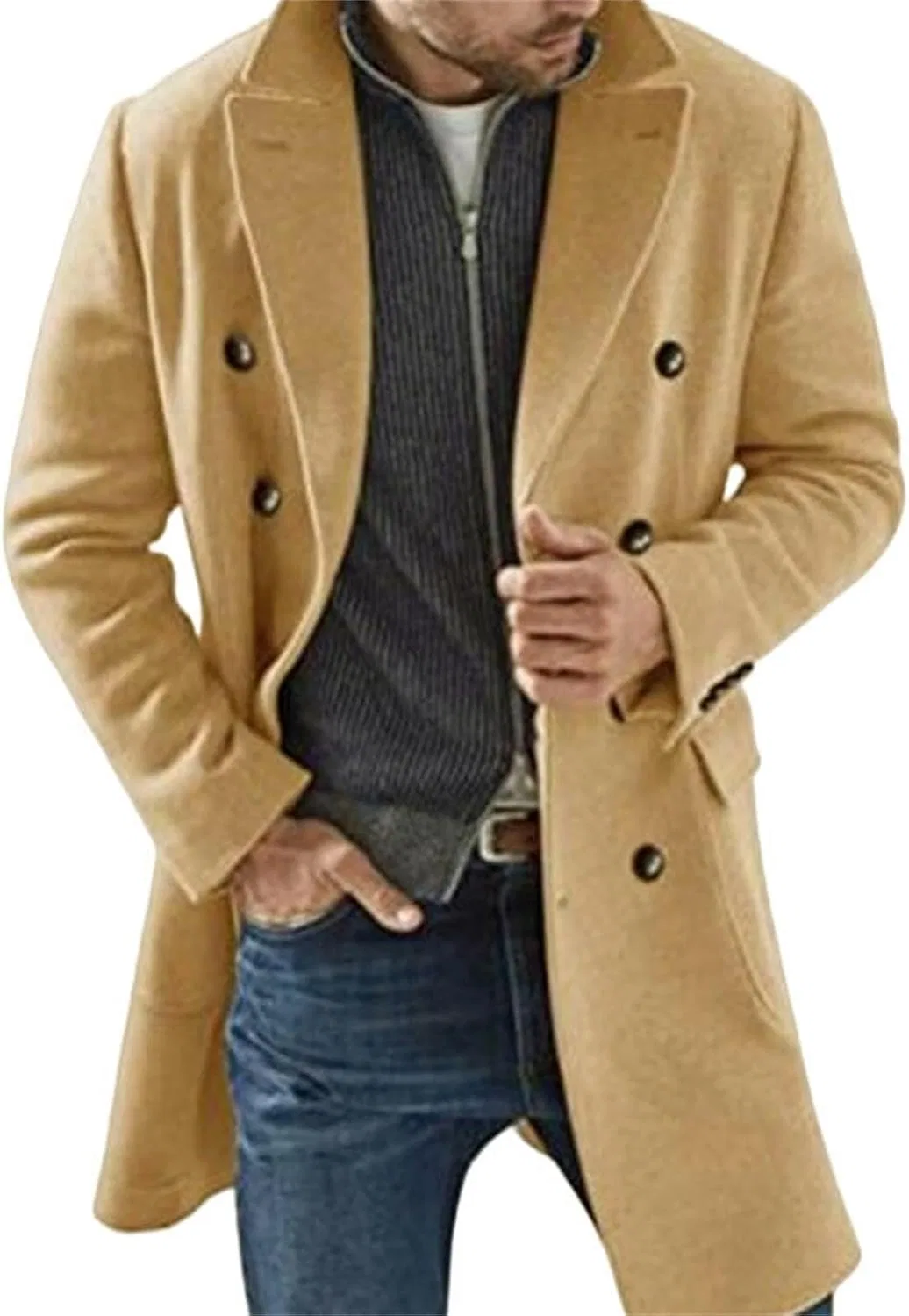 Мужское пальто-тренч с двубортной застежкой, Classic Winter Woolen Outerwear, хаки
