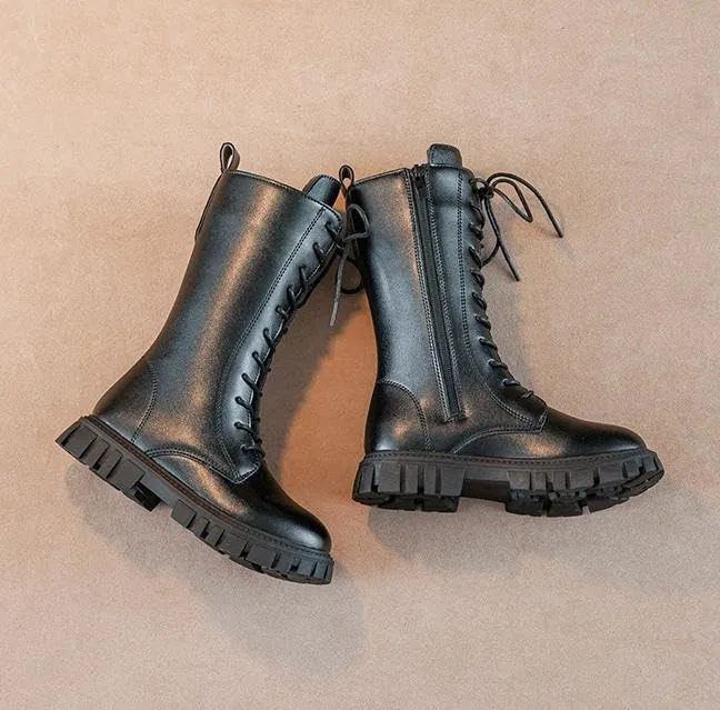 Детские ботинки для девочек с принтом, модель Girls White Combat Boots, Black-Fleece Lined — фото 2