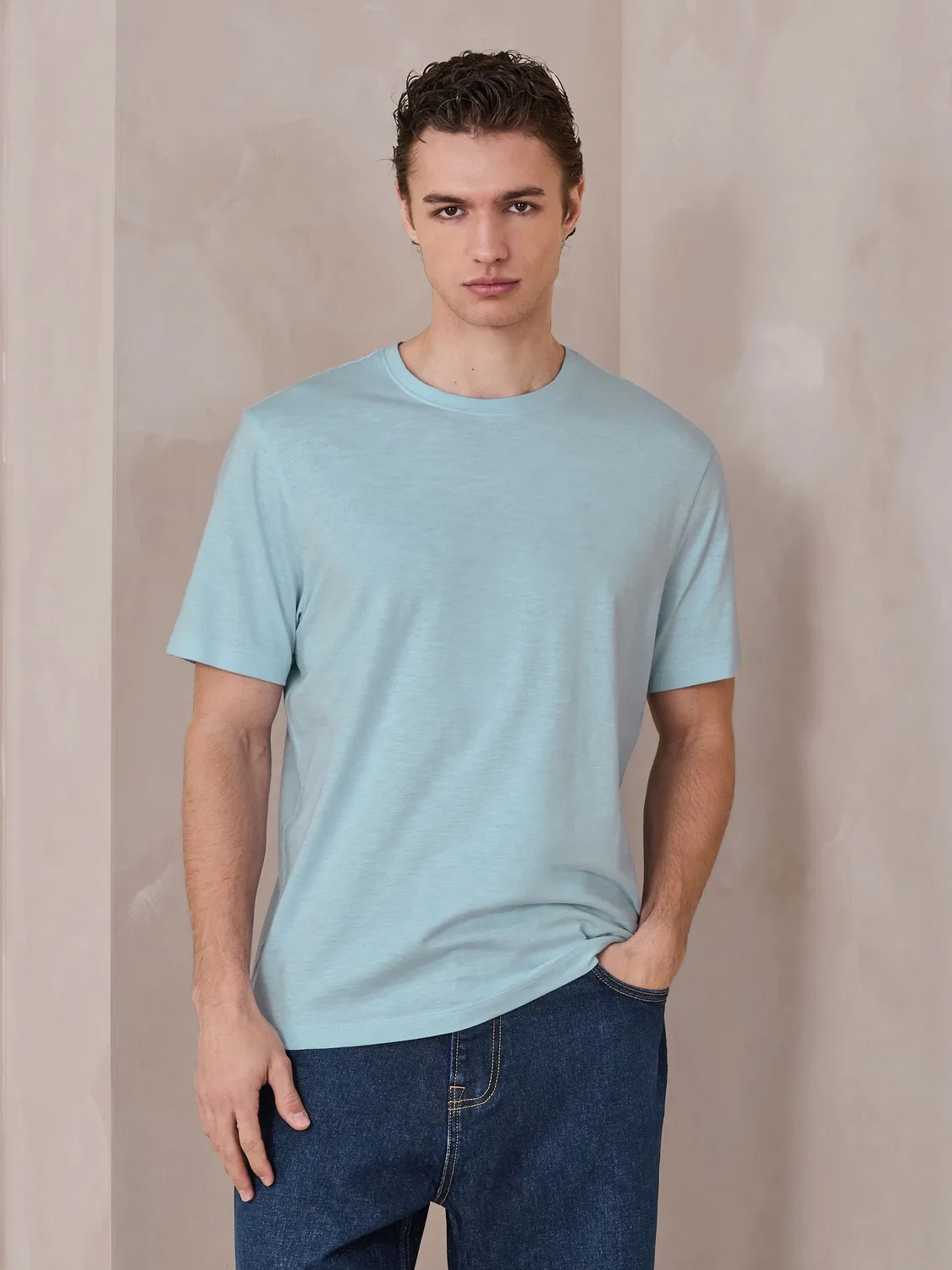 Футболка слэб, легкая, модель Blue Lightweight Slub Modal Next, синий