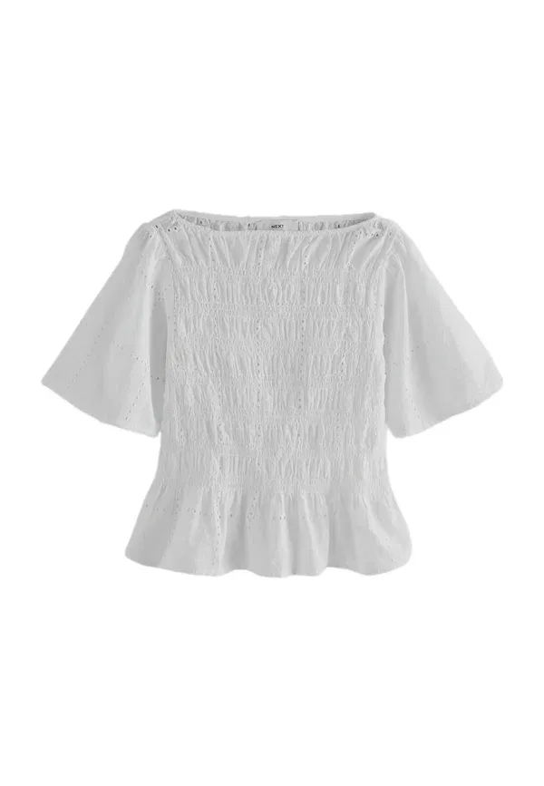 Блуза хлопковая Regular fit smocked slash neck short sleeve top Next, White Broderie, белый