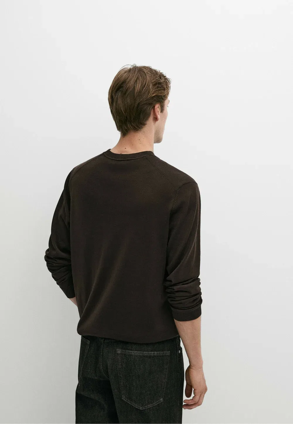 Вязаный свитер с круглым вырезом из 100% мериносовой шерсти Massimo Dutti, Dark Brown — фото 3