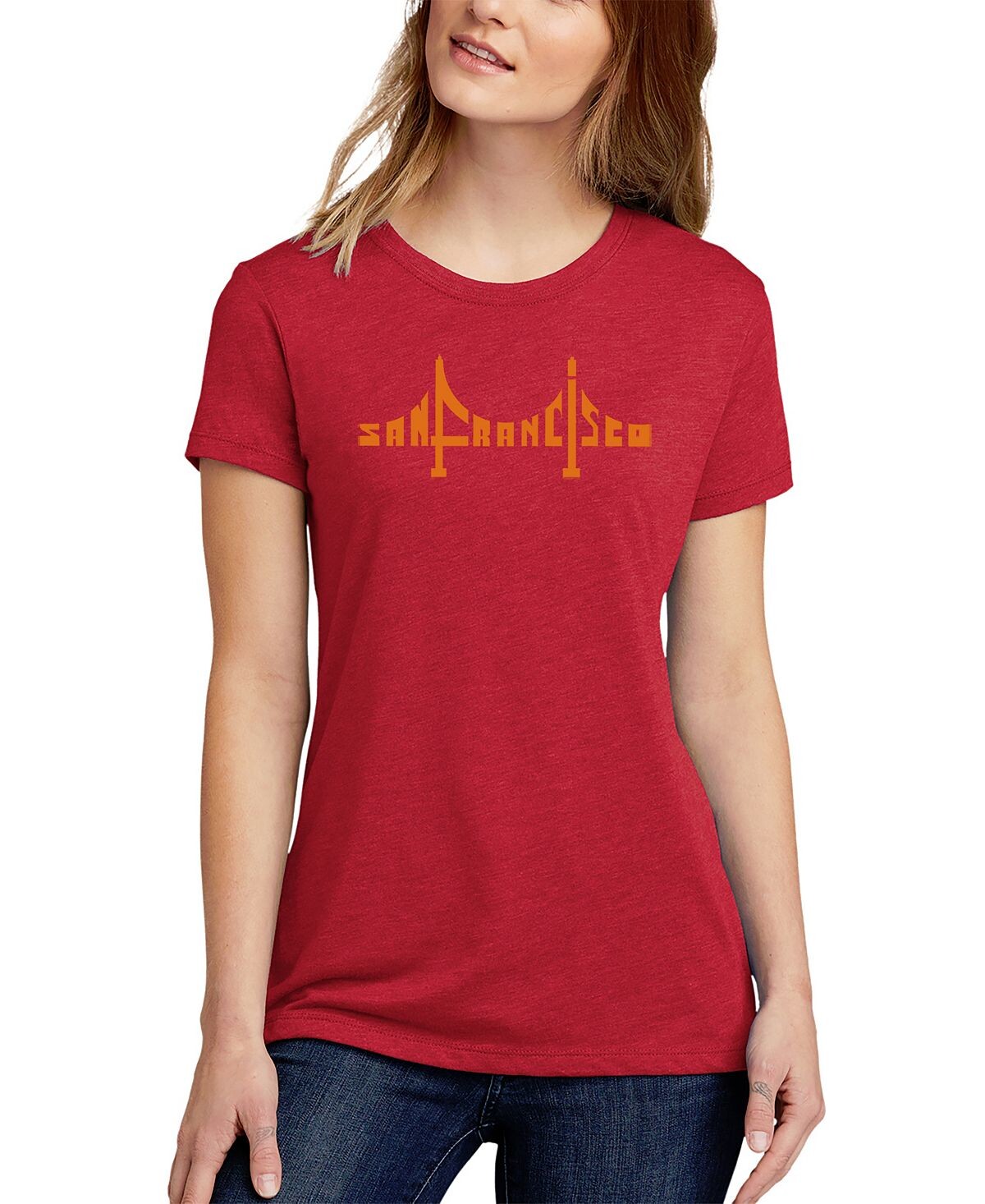 

Женская футболка premium blend san francisco bridge word art LA Pop Art, красный