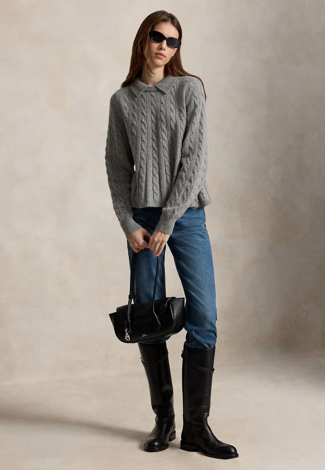 Свитер с баской из шерсти и кашемира с косами Polo Ralph Lauren, Outpost Gray — фото 2