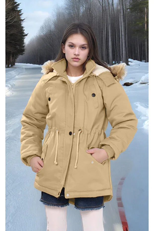 Детское пальто для девочек с капюшоном Waterproof coat with fur inside, hood and zipper - non-deformable winter coat - machine washable Joui Co, Beige — фото 4