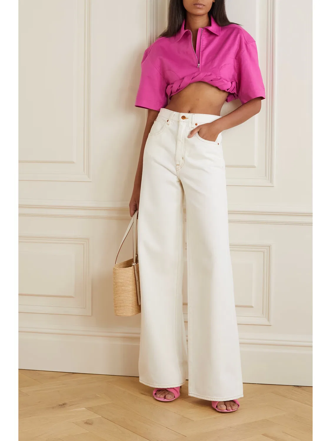 Укороченный драпированный топ из смеси хлопка и льна Jacquemus, розовый — фото 2