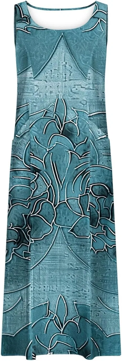 Женское летнее платье без рукавов с принтом, Comfort Cotton Linen, C Sky Blue — фото 3