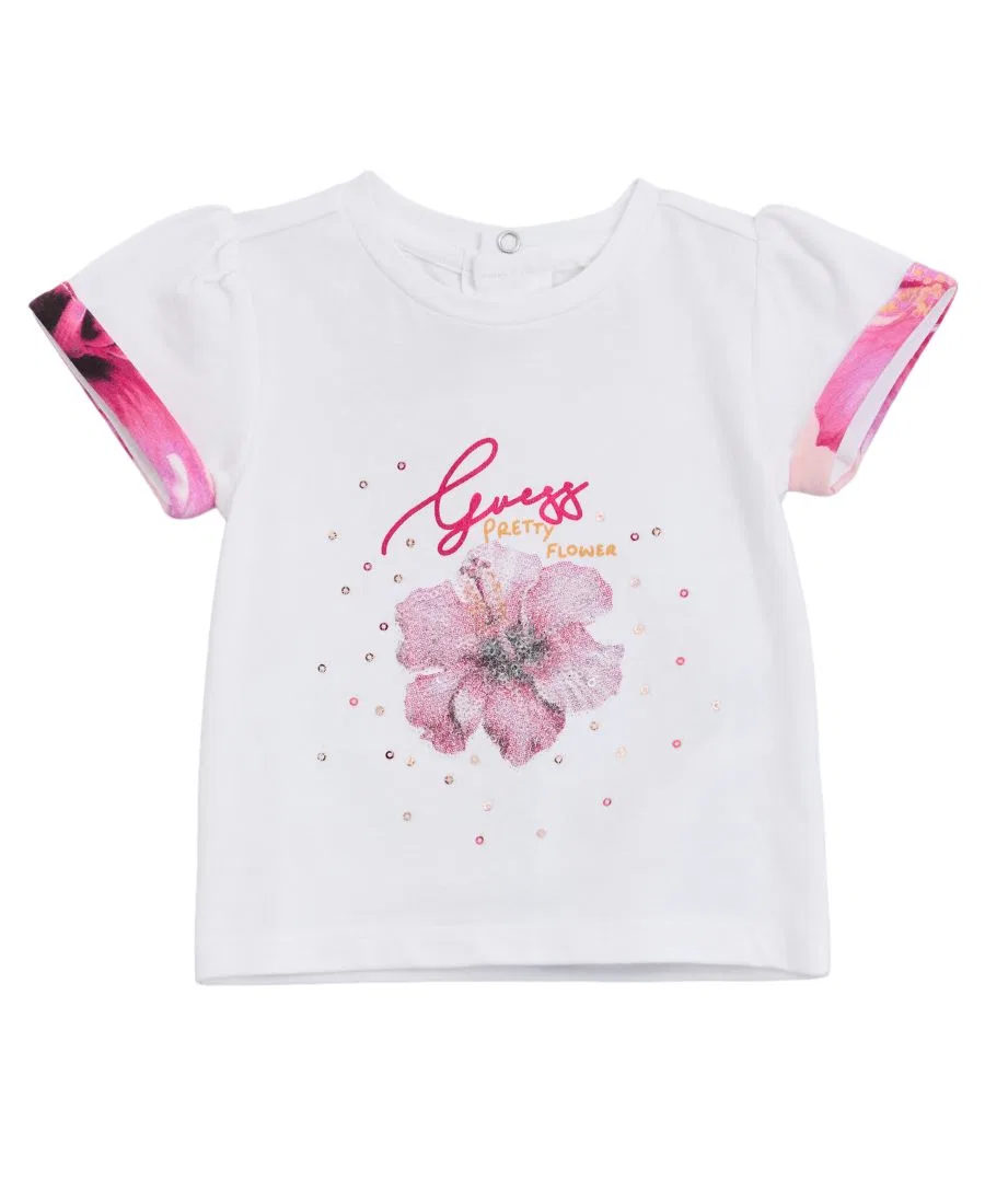Комплект детский из футболки с коротким рукавом и шорт с принтом GUESS, White/Pink — фото 3