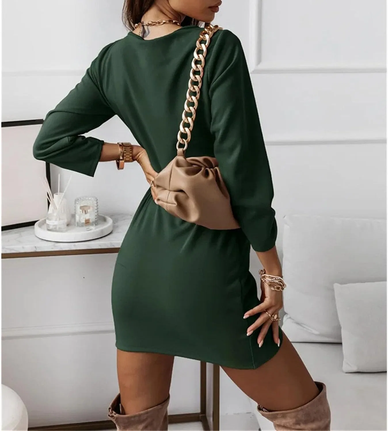 Женское элегантное платье с воланами V-образным вырезом, Dark Green — фото 3