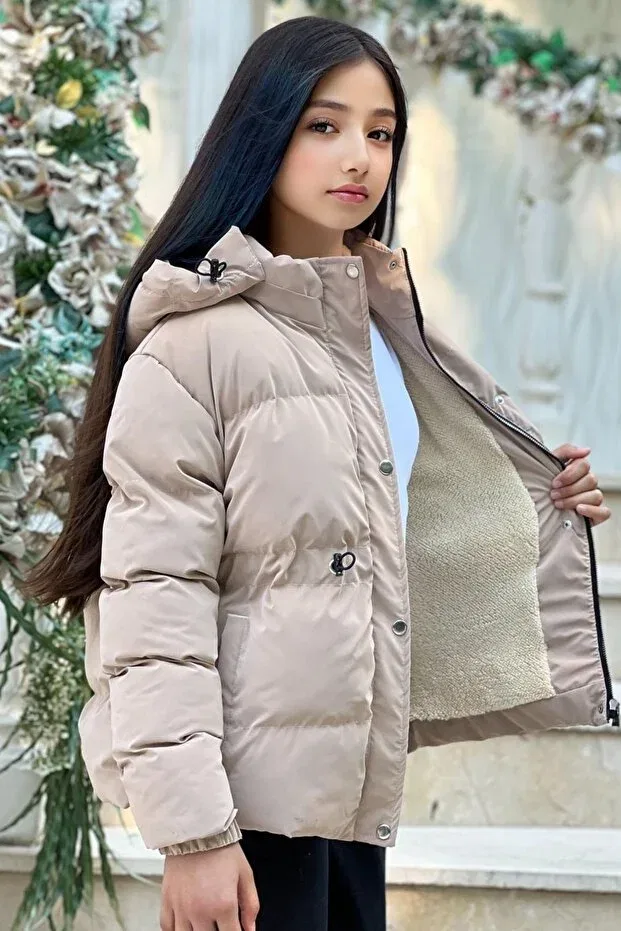 Детское зимнее пальто для девочек без принта на молнии с капюшоном Zaziko Kids, Beige — фото 3