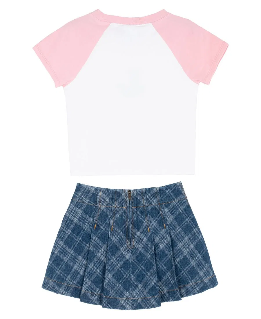 Комплект из футболки реглан и юбки-шорт с плиссировкой, модель Raglan T-Shirt and Plaid denim Skirt Rare Editions, Pink/White — фото 2