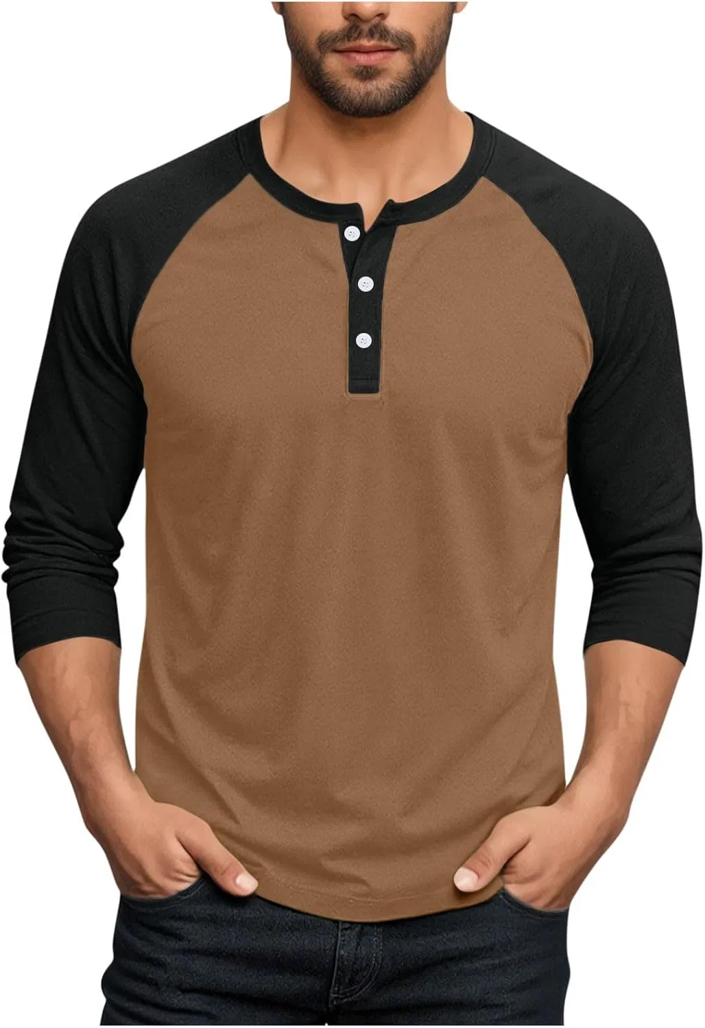 Мужская футболка с тремя пуговицами Raglan 3/4 рукав, 1-brown