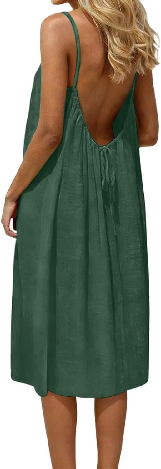 Женское повседневное платье-комбинация на бретелях Backless Cami Dress, Dark Green