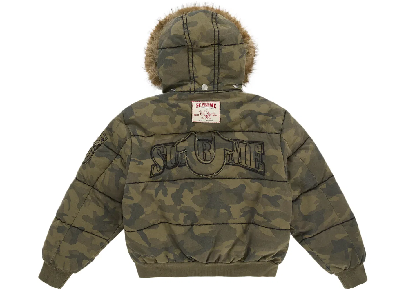 Мужская пуховая куртка с камуфляжным принтом Supreme True Religion, Olive Camo — фото 3