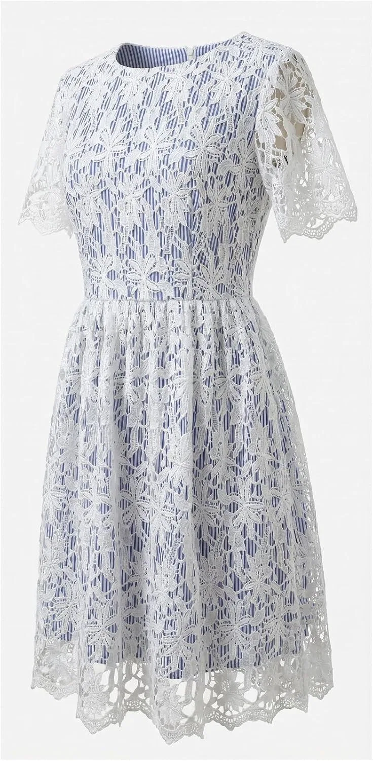 Женское платье А-силуэта с кружевной отделкой, White Lace Over Navy Stripe — фото 3