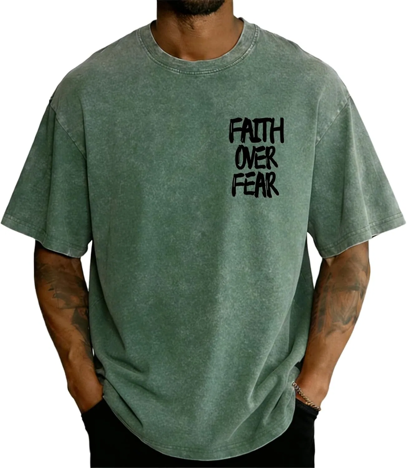 Мужская футболка с принтом Faith Over Fear, зелёный — фото 2
