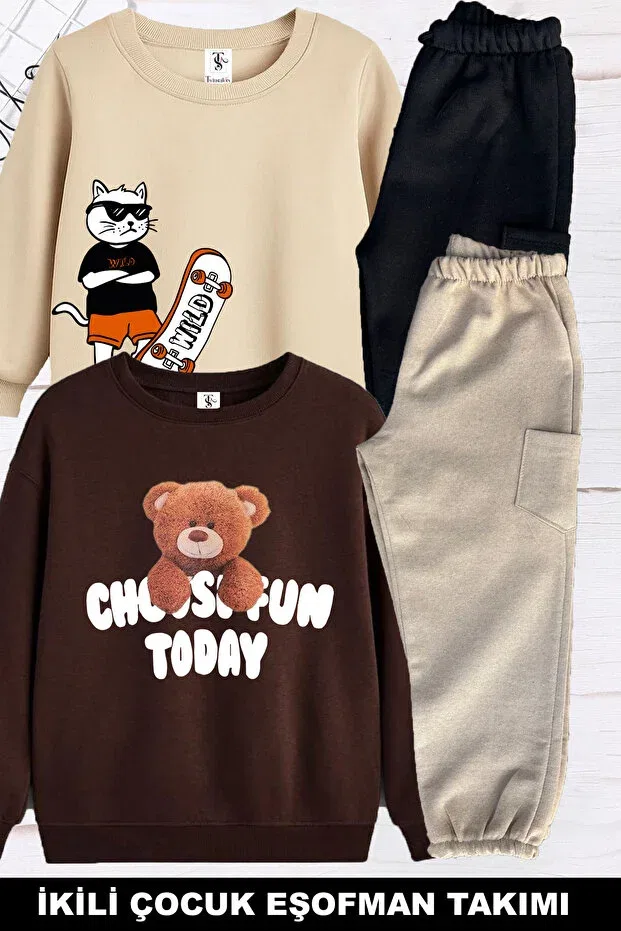 Детский комплект спортивного костюма для девочек с принтом Skateboard Cat Twins Tailors, Brown