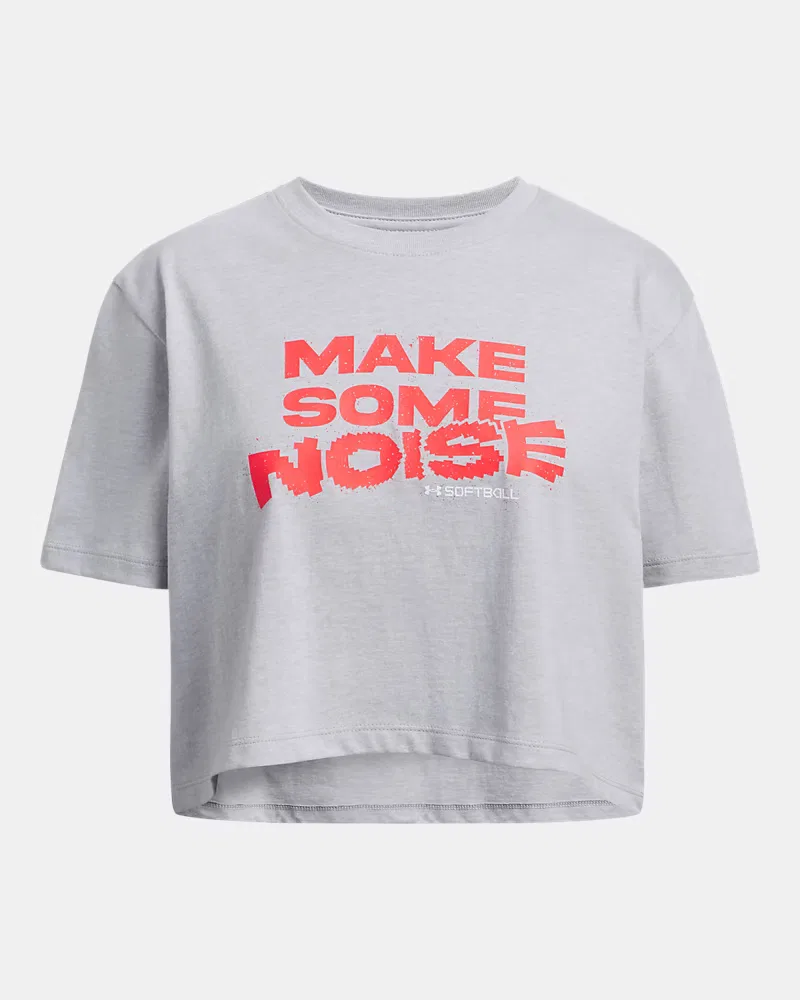 Футболка для девочек с коротким рукавом быстросохнущая UA Make Noise UnderArmour, Mod Gray Light Heather/Racer Red