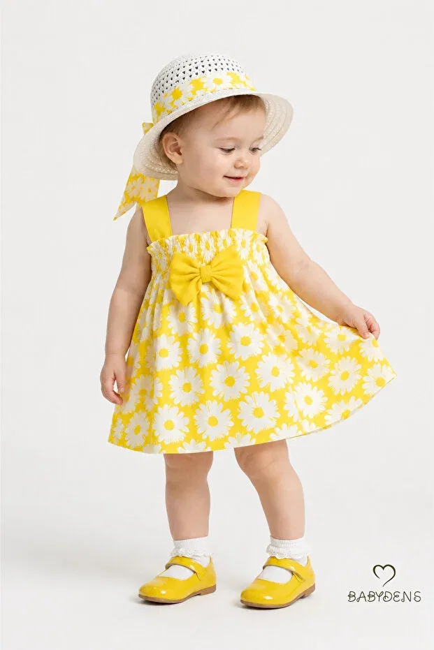 Детское платье для девочек с принтом Baby girl floral print sling dress and hat set cotton summer daisy print bow baby dress Babyden'S, Yellow