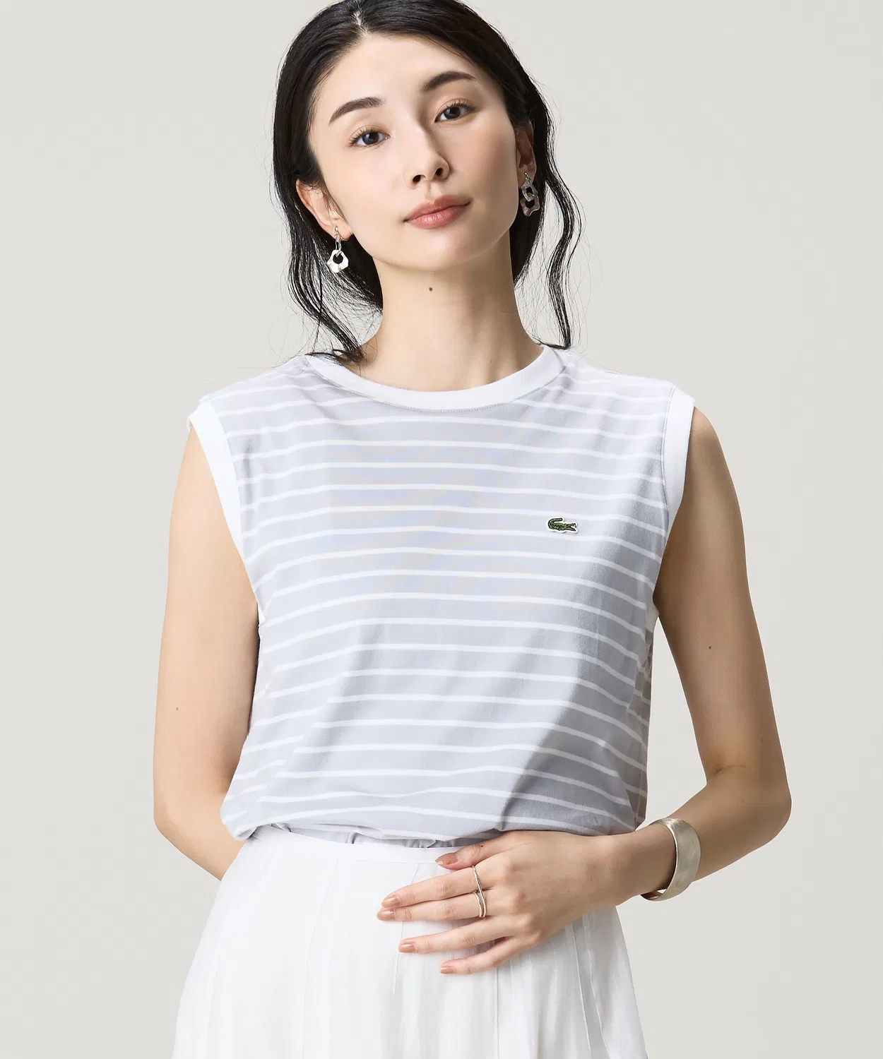 Женская футболка без рукавов с полосатым принтом LACOSTE, Light Grey