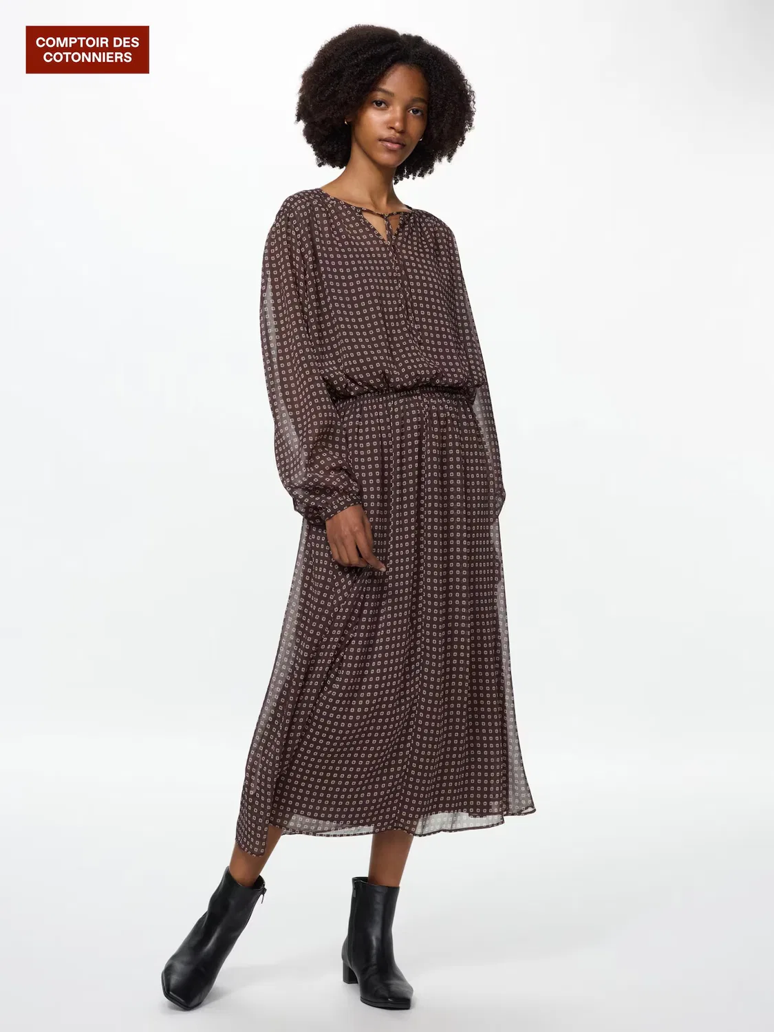 Платье Uniqlo с принтом, из шифона, бордовый