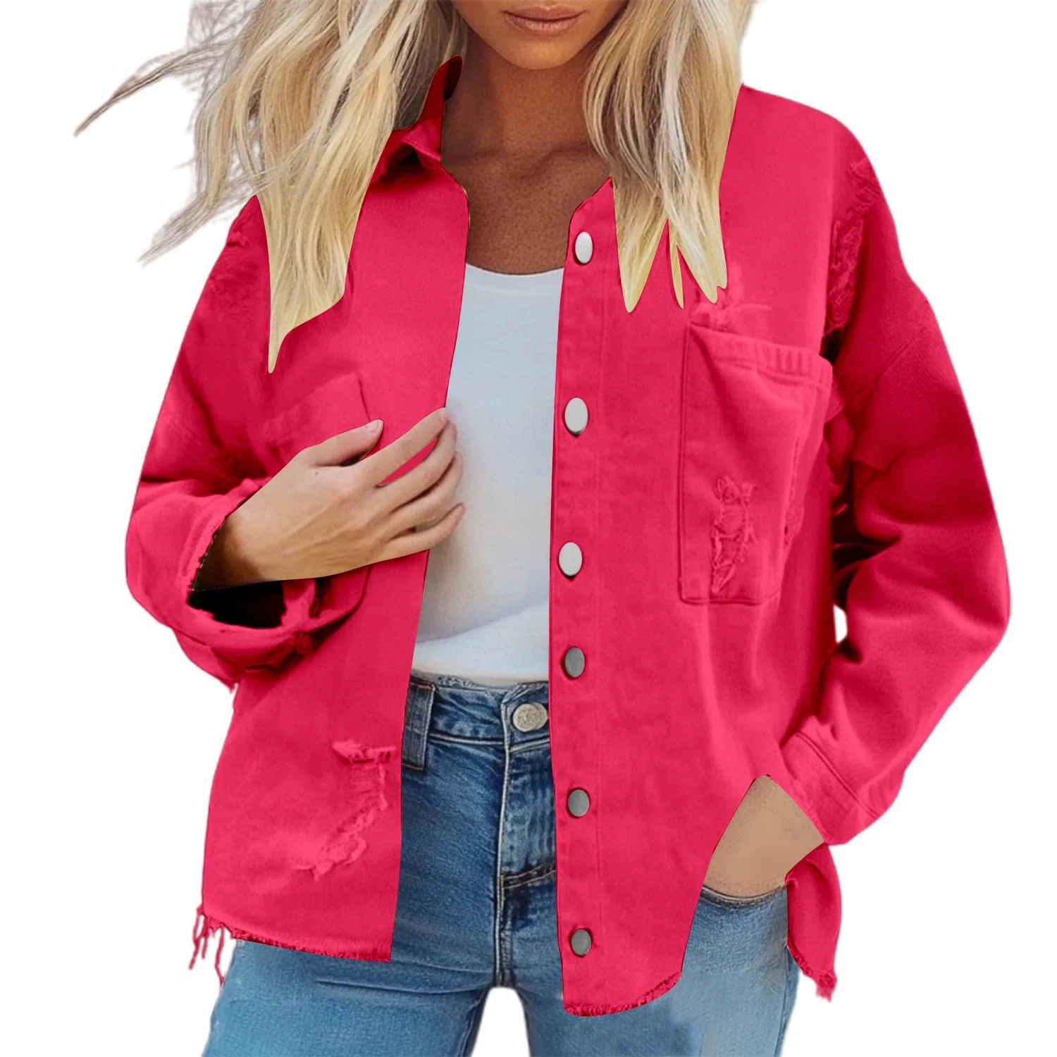 Женское джинсовое пальто с длинным рукавом, Vintage Denim Button Down Short Denim Coat, Rosso