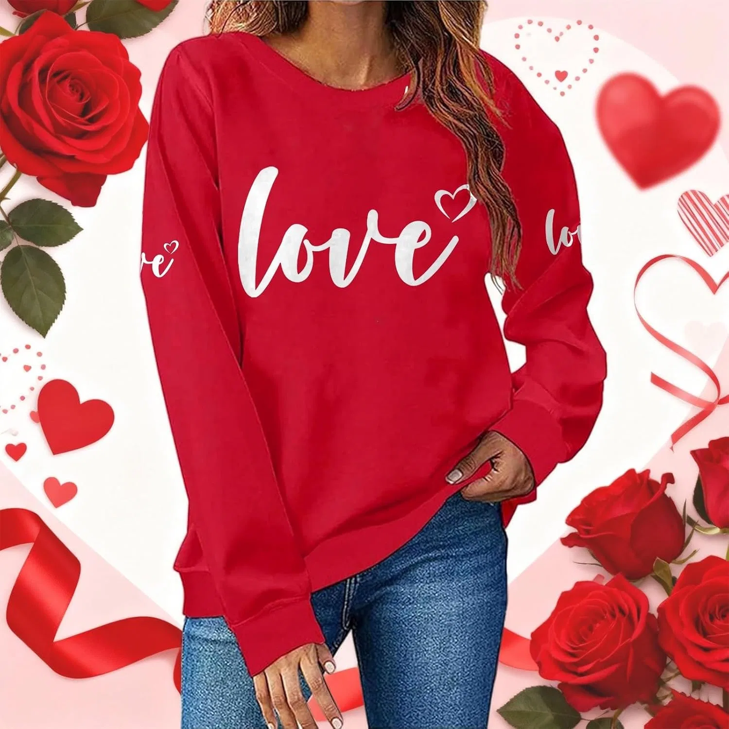 Женский свитшот с принтом Valentine Love Heart, бежевый — фото 2