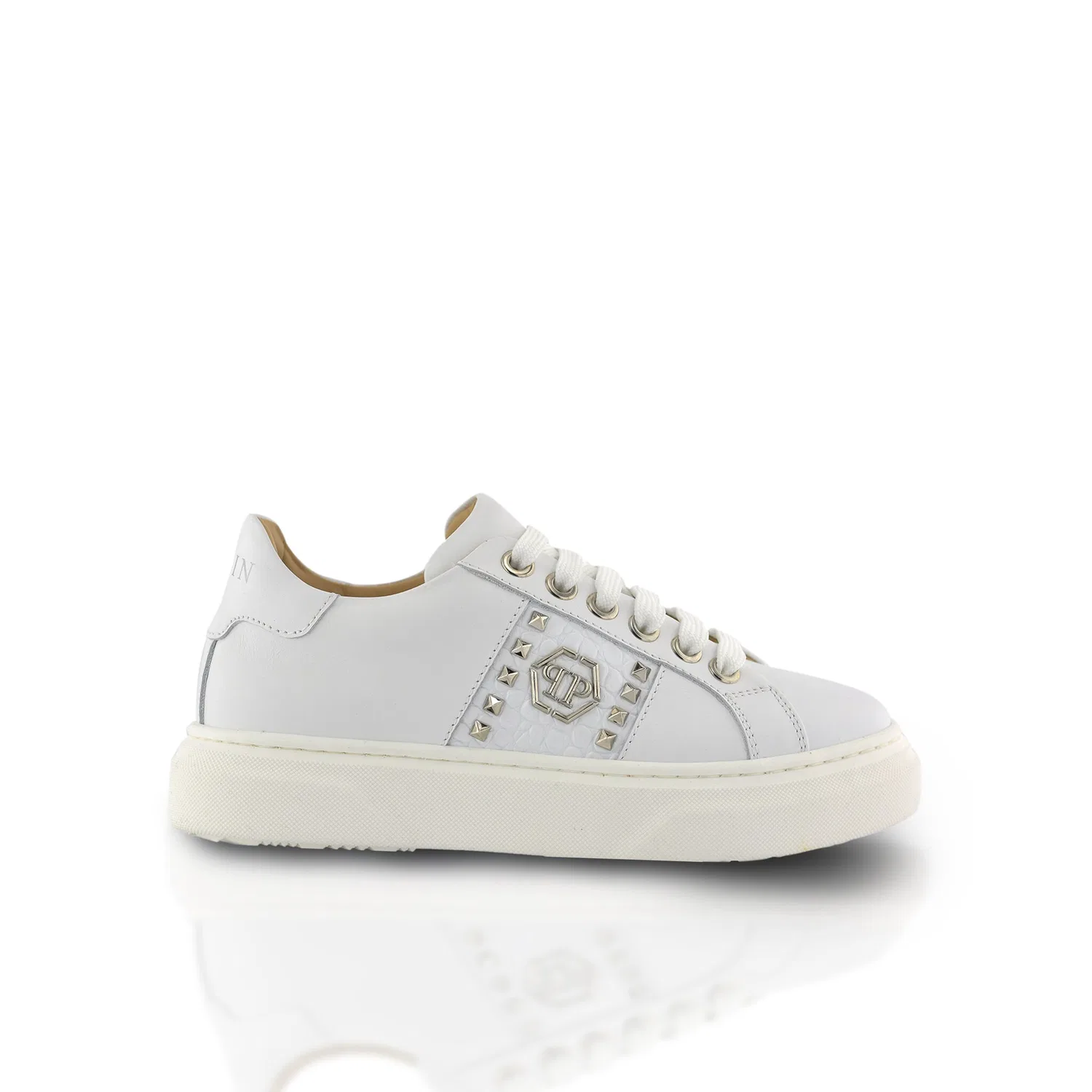 Детские кроссовки из телячьей кожи с металлическими деталями Philipp Plein, White — фото 3