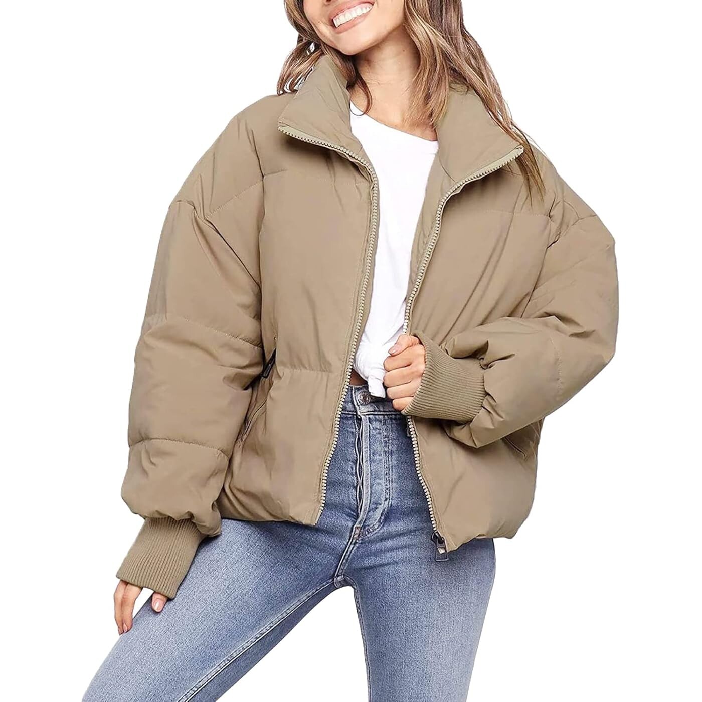 

Куртка Flygo Lightweight Zip Up Stand Collar Quilted Winter Cropped, песочный хаки