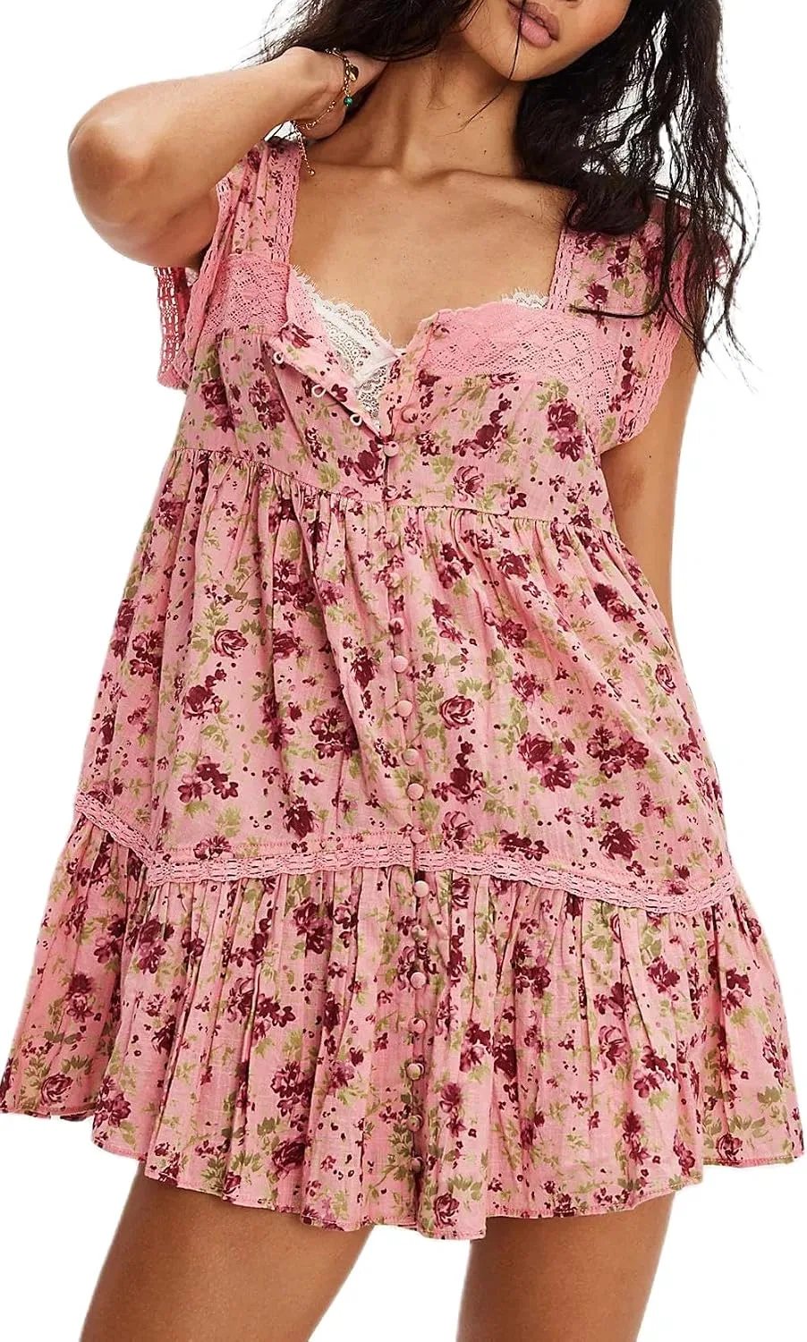 Женское платье-трапеция с принтом, Y2k Floral Ruffle Mini Dress, без рукавов, розовый