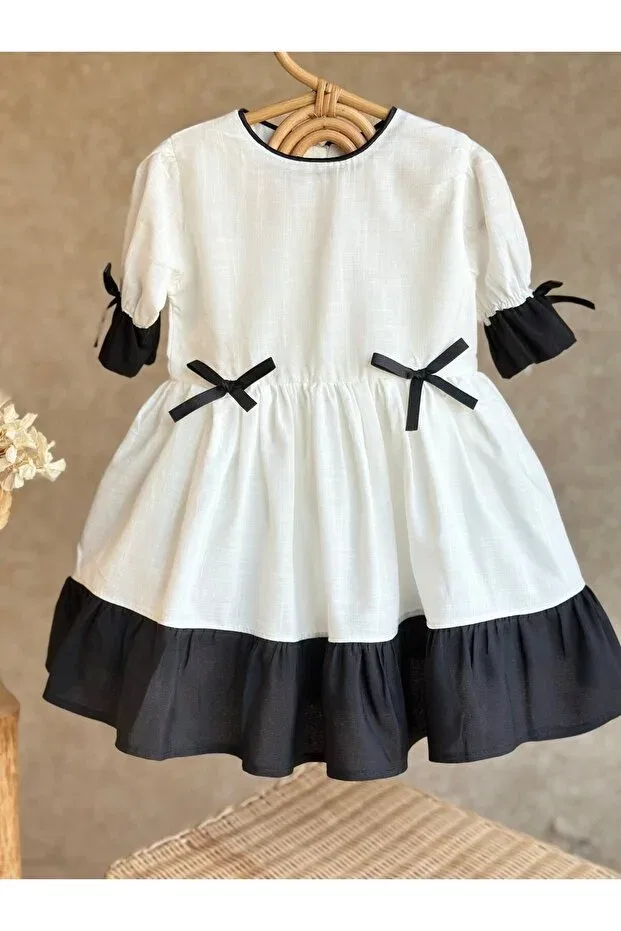 Детское платье для девочек хлопковое Defne Girl Dress-Short Sleeve Pinkitokids, Black And White — фото 3