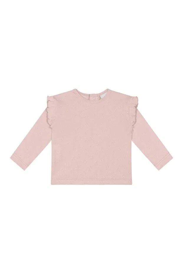Детская футболка для девочек с принтом Organic Pink Heart Jacquard Ruffled Long Sleeve Baby Girl Tshirt Antebies, Pink