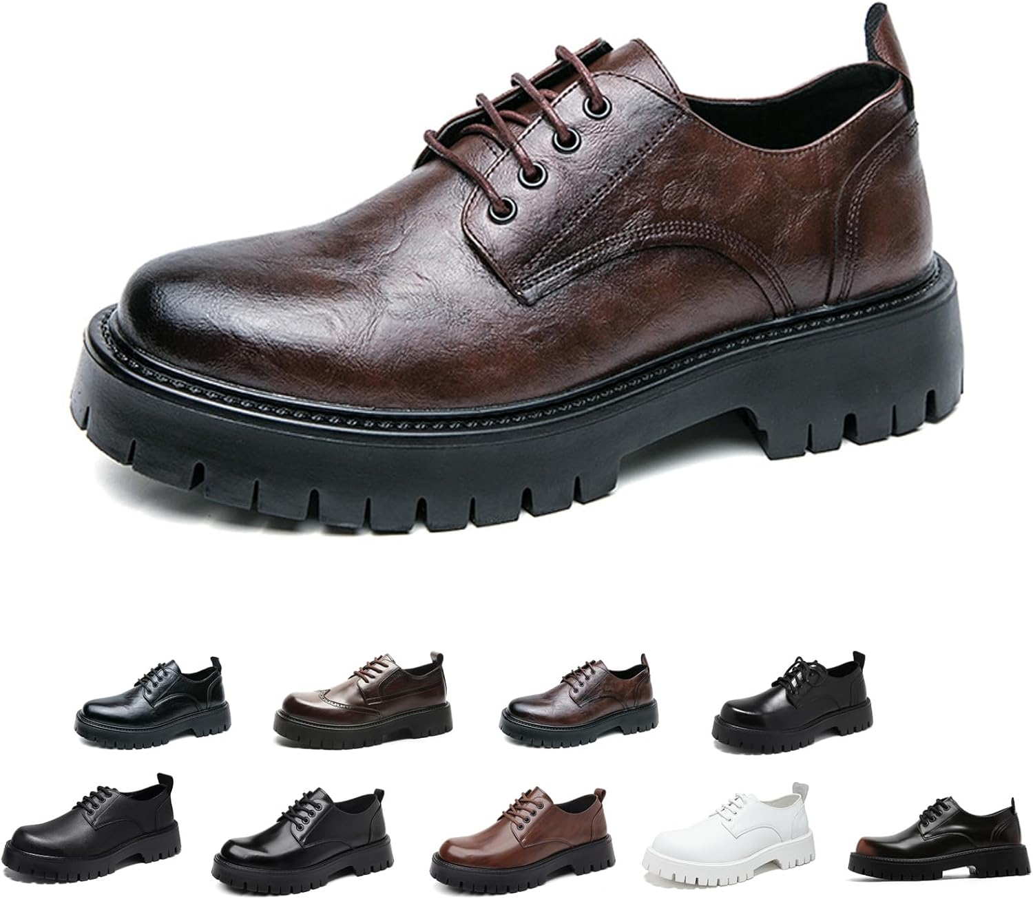 

Мужские кожаные оксфорды с крыльями и шнуровкой на высокой платформе, винтажные с круглым носком, противоскользящие с массивным каблуком Generic, D