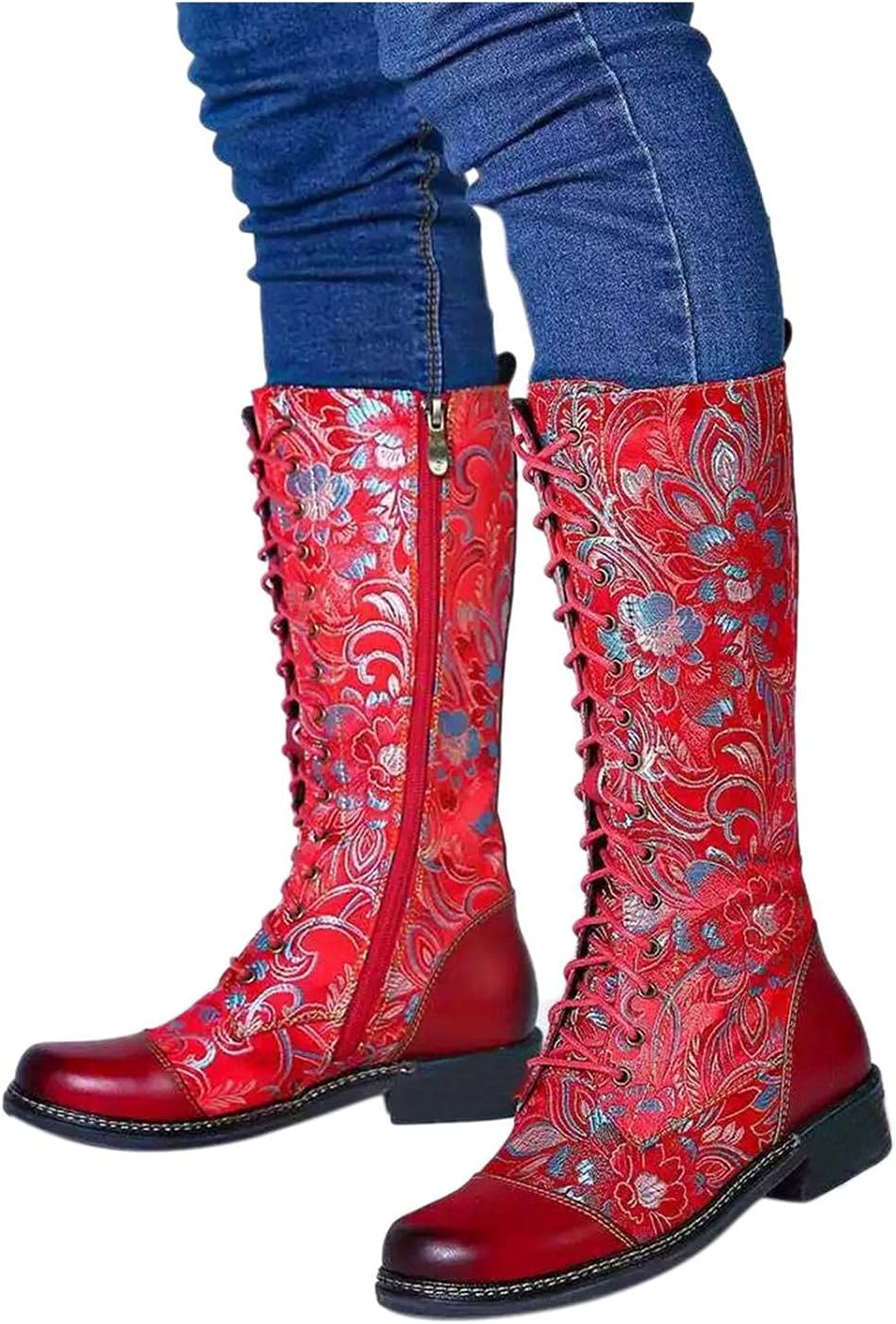 

Женские высокие ботинки Hbeylia до колена, в боевом стиле, винтажный этнический цветочный узор, красный