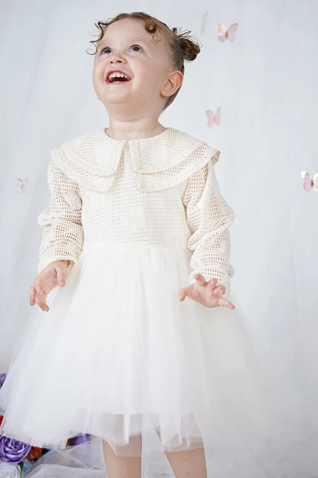 Детское платье для девочек с длинным рукавом ruched vintage bebe collar birthday wedding special occasion party evening dress Alyra, Nude Color