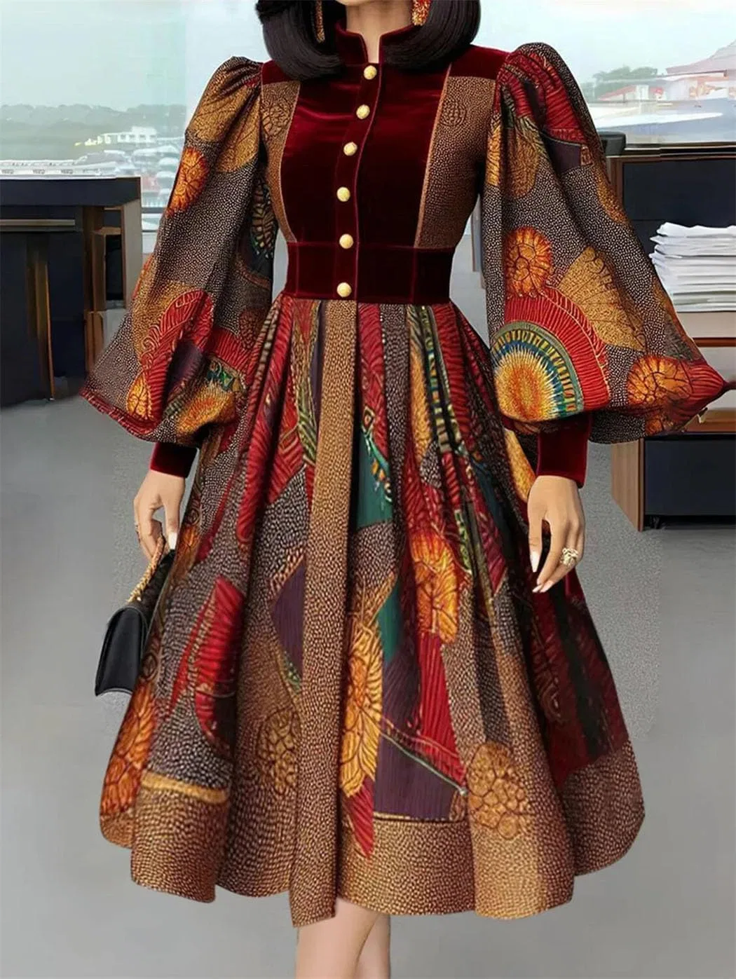Женское платье миди с этническим принтом, Stand Collar Button Lantern Sleeve — фото 3