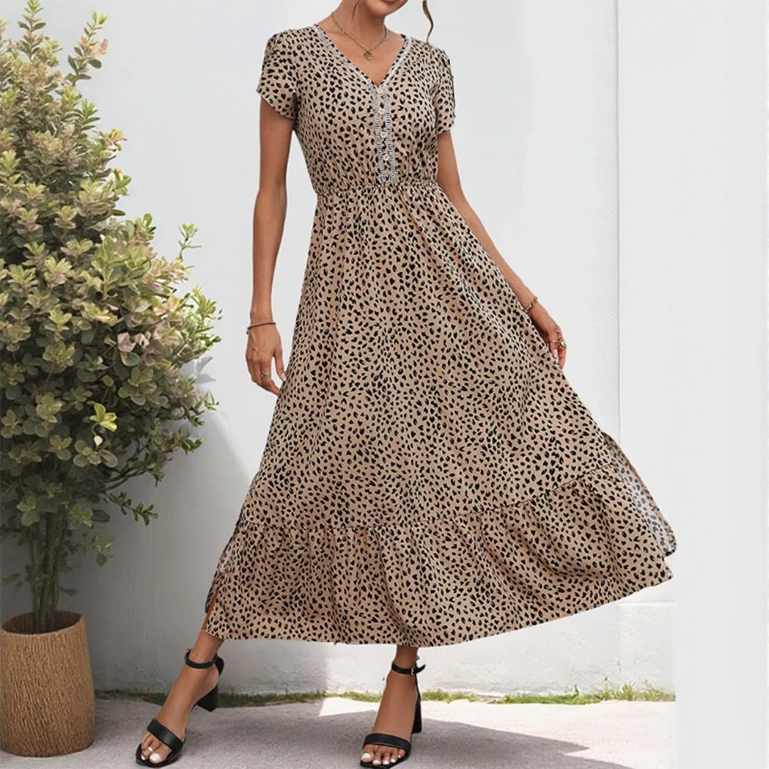Женское платье-трапеция с принтом Leopard Print Ruffle Cinched Waist Short Sleeve V Neck Twirl Dress, хаки — фото 2