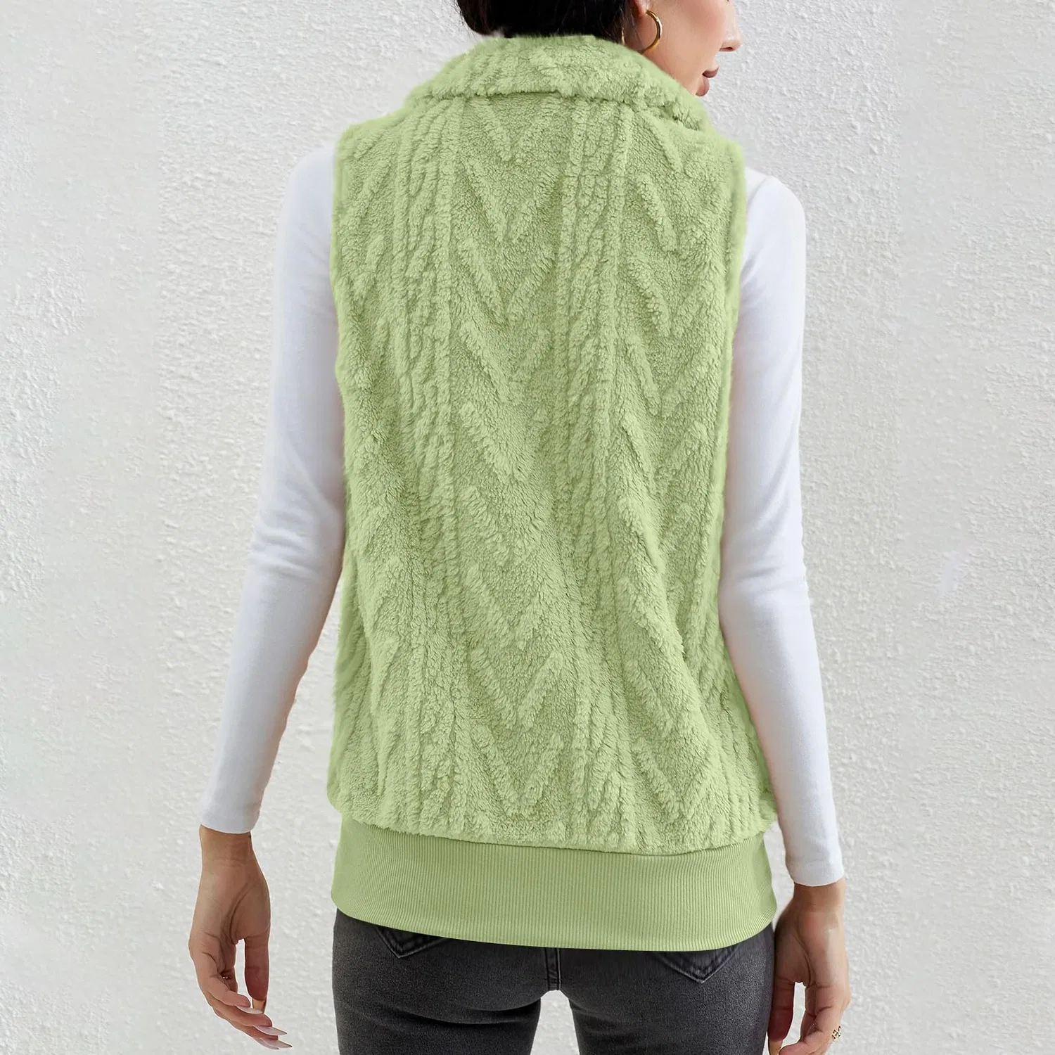 Женский жилет без рукавов с принтом Chunky Cardigan Knitted Pattern Fluffy Fleece Vest, green — фото 3