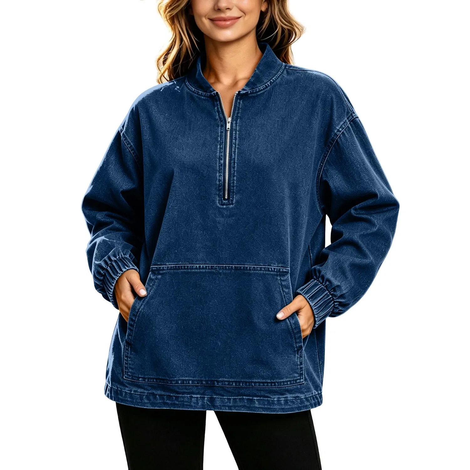 Женская джинсовая куртка с принтом UK 1/4 Zip Up Jean Trucker, Blu scuro 1