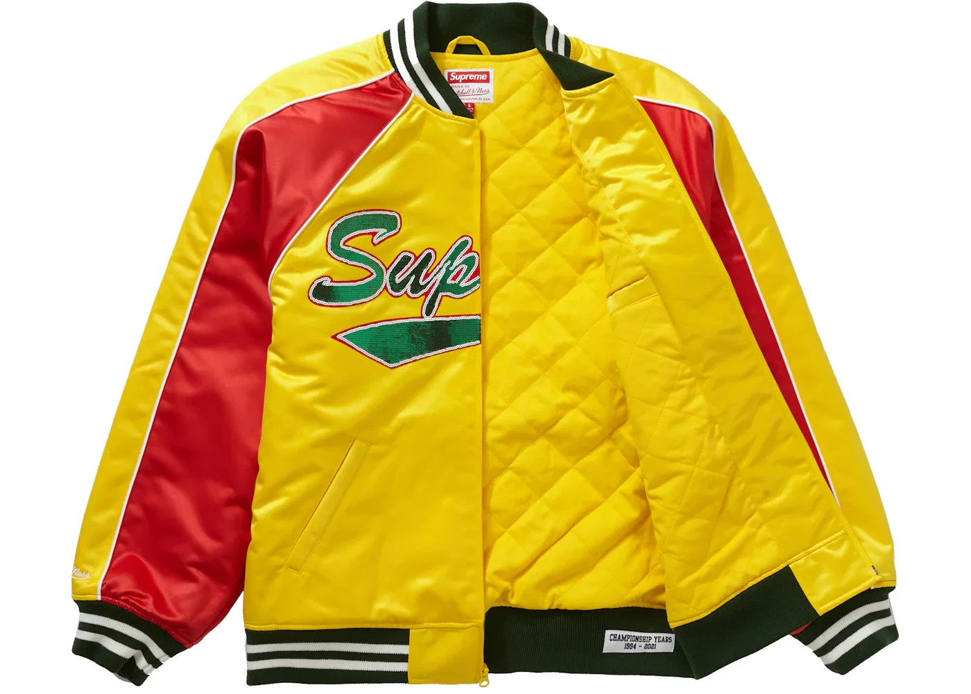 Мужская куртка-бомбер с пайетками Supreme Mitchell & Ness Sequin Logo Varsity Jacket, Gold — фото 2