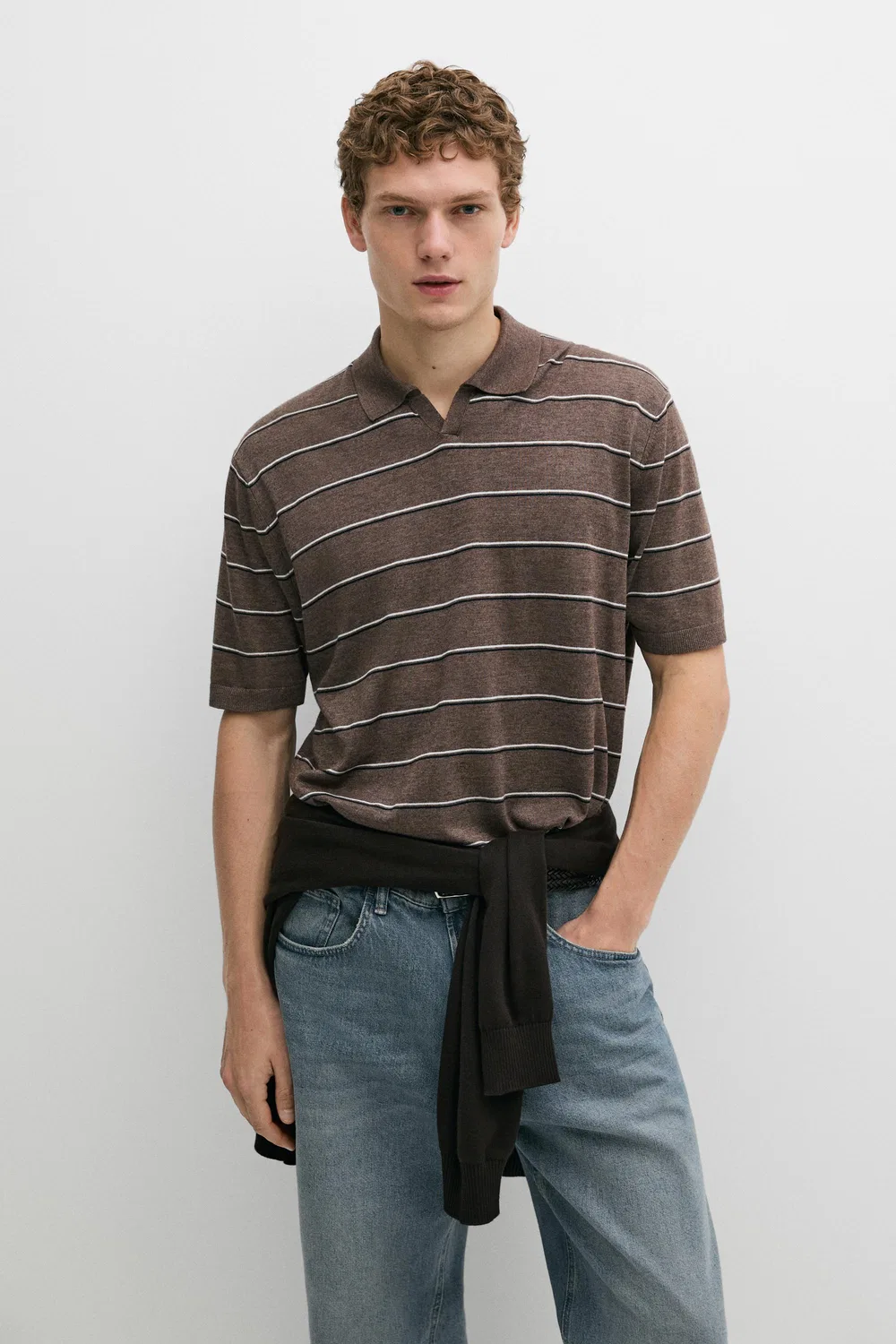Поло Massimo Dutti Striped Knit V-neck Shirt, коричневый