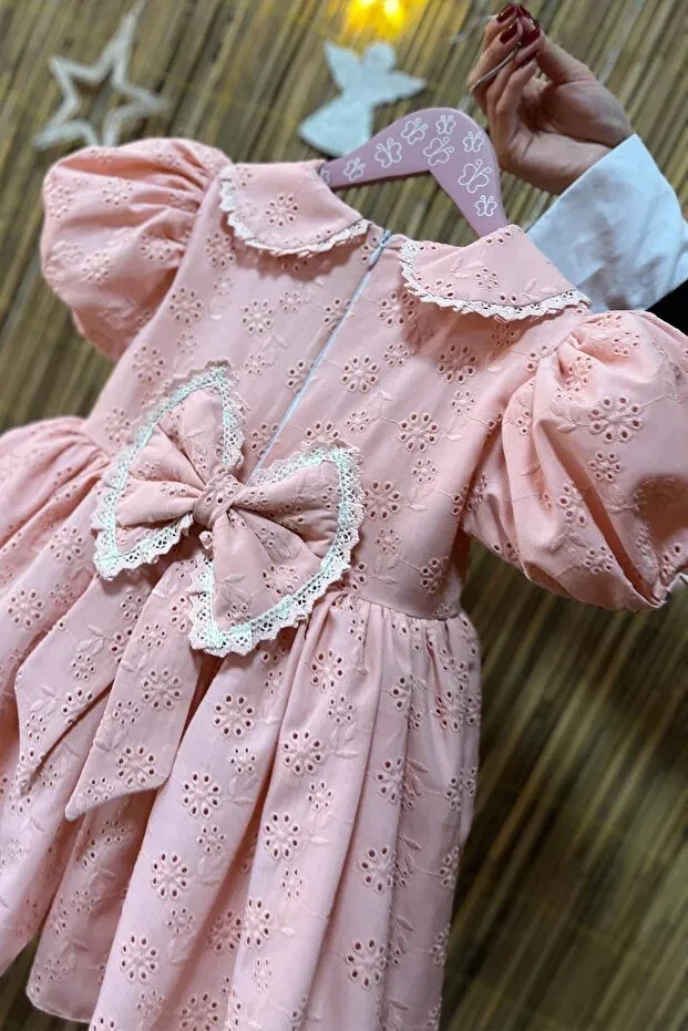 Детское платье для девочек с коротким рукавом Balloon Sleeve Lace Baby Scallop Dress Bertuğ Bebek, Salmon — фото 3