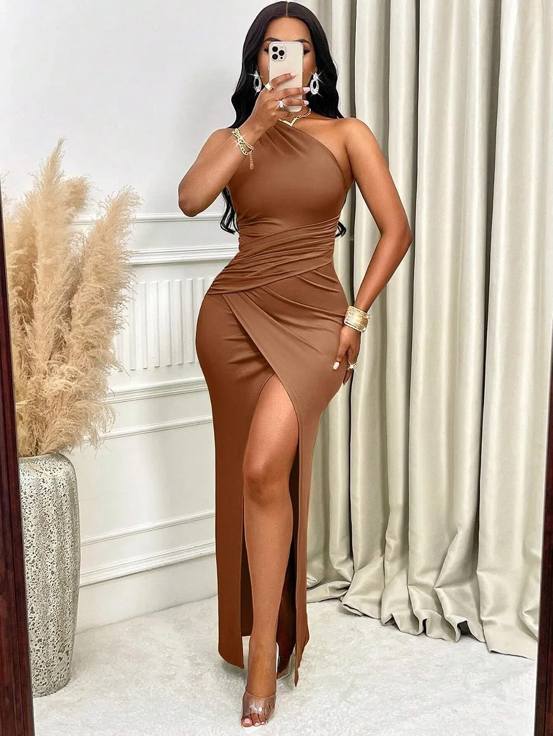 Женское облегающее платье с одним плечом Bodycon Slit, Brown — фото 3