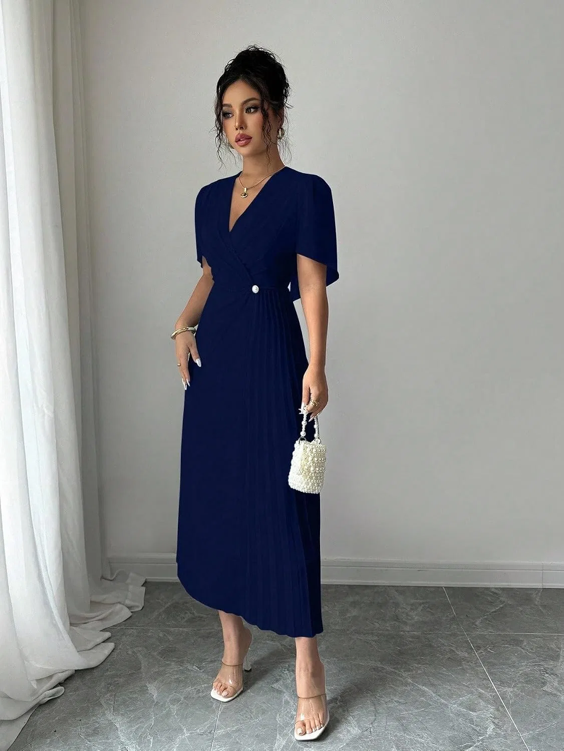 Женское повседневное миди-платье с защипами на талии Chiffon, Navy Blue — фото 4