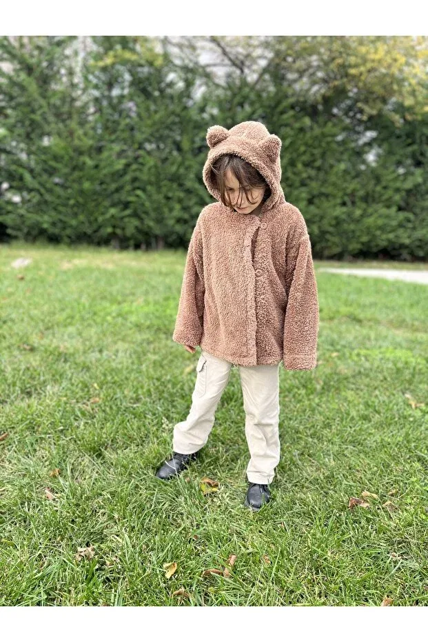 Детское пальто для девочек из плюша Cute Teddy Bear Coat Bebeu, Brown — фото 2