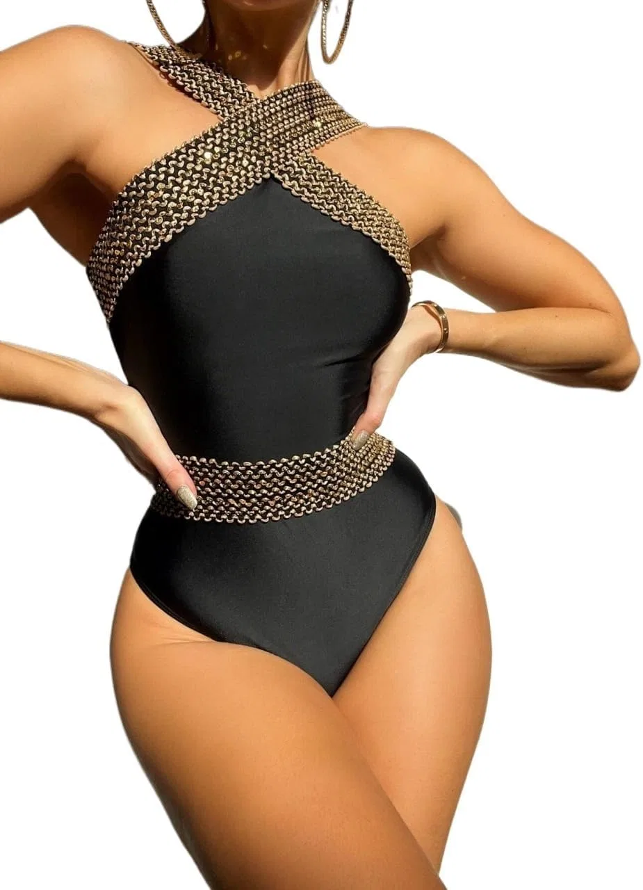 Женский цельный купальник с высокой талией Criss Cross, Black