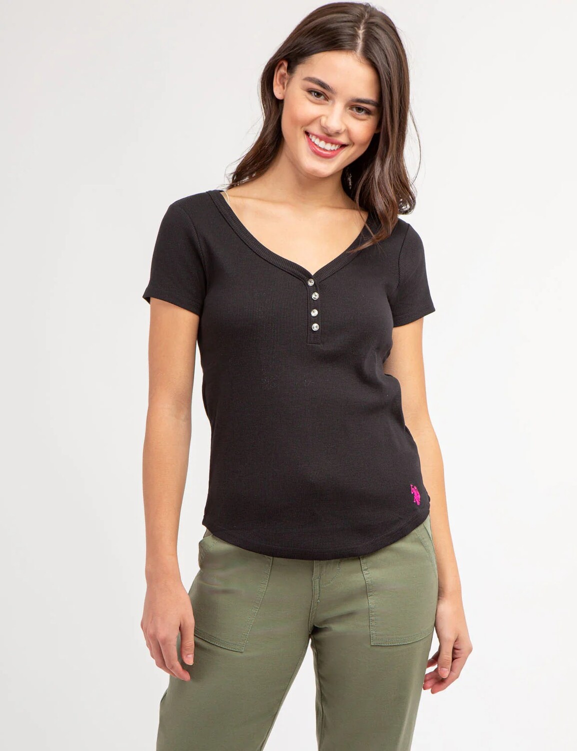 

Футболка U.S. Polo Assn. Rhinestone Button Sleeve Henley, черный